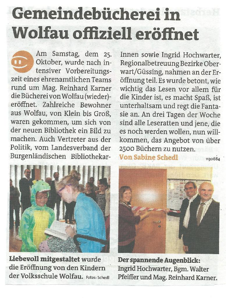 Zeitungsartikel Eröffnung Bücherei Wolfau